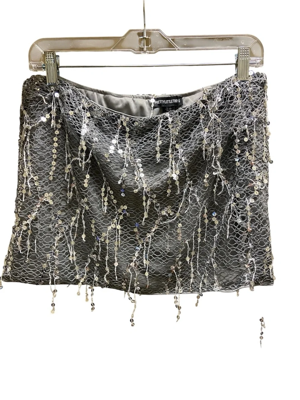 Pretty Little Thing Silver Sequin Tassel Mesh Micro Mini Skirt Size 12 Party - Picture 2 of 11